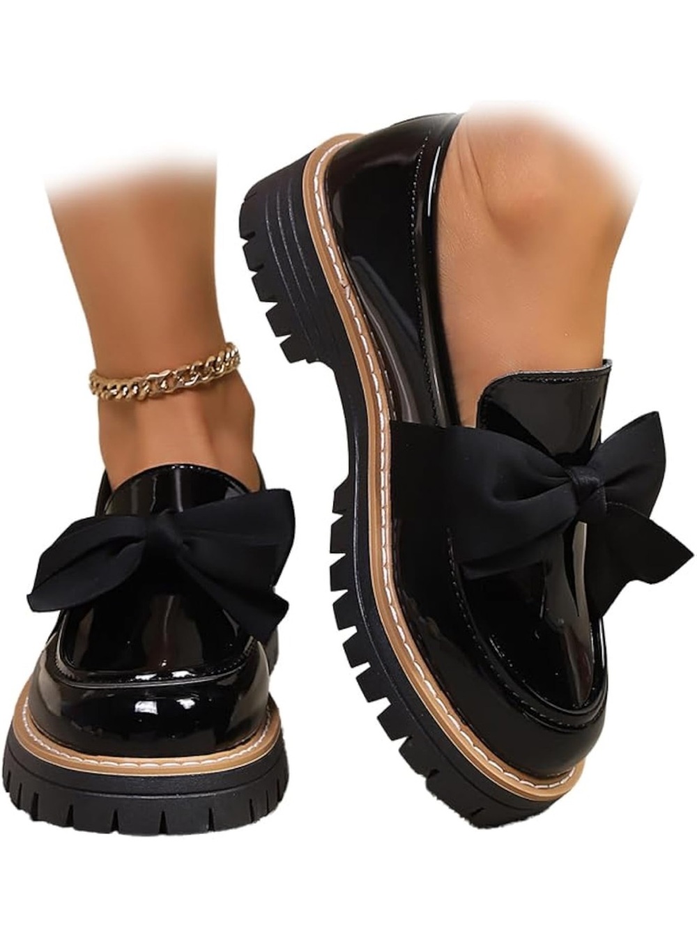 NWOT Faux Patent Leather Loafers with Ribbon Bow Accent
